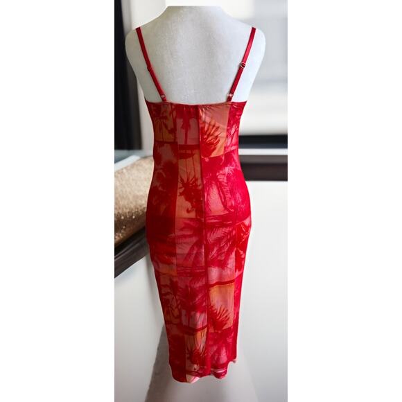 Y2K 90s Maxi Dress Mesh See through Hawaiian Red NECESSARY Objects Bodycon - Picture 7 of 16